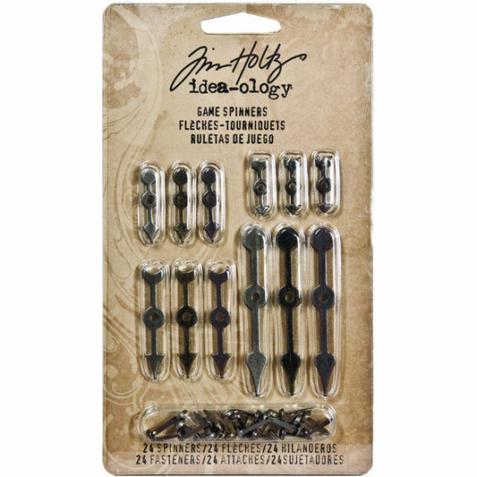 Gamer Spinners - Idea-Ology by Tim Holtz ... Metal arrows used as decorative ornaments. 24 (twenty four) arrows or pointers with a centre fastening.  This pack of 24 spinners (arrows with a centre hole for attaching and spinning) and 24 fasteners (brads) are embellishments that can be used in arts and crafts to spin for amusement or to denote a certain direction or time.