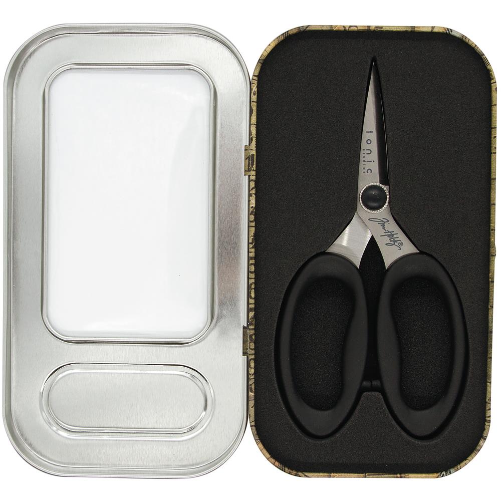 Tim Holtz Haberdashery Scissors 5 inch long inside the tin