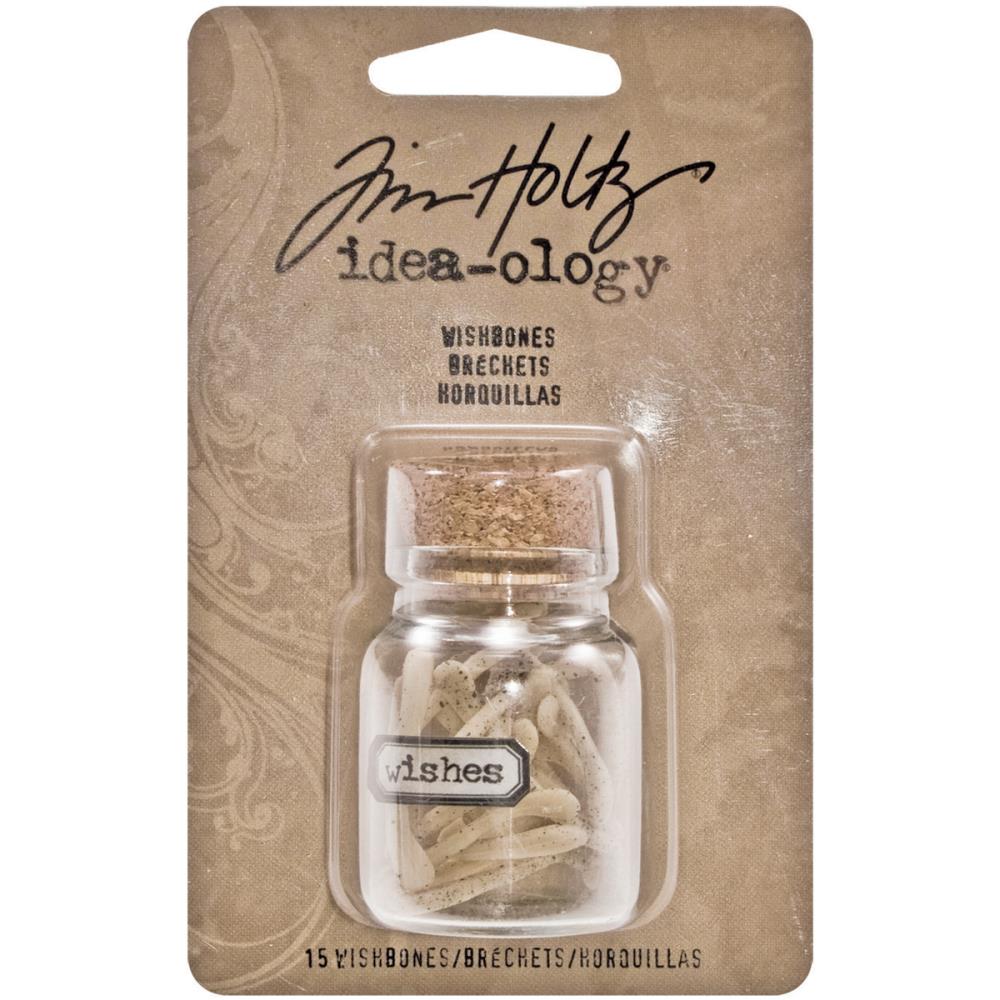 Wishbones - by Tim Holtz Idea-Ology - Miniature resin bones in a glass corked jar to use for visual arts, mixed media, assemblage projects, off-the-page marvels and party decor. Pack of 15 (fifteen) wishbones in one corked glass jar approx 2" (5cm) tall.