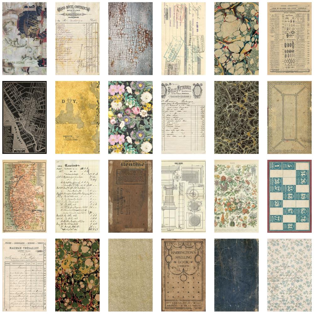 photo showing the fronts of Tim Holtz Idea-Ology Papers - Backdrops Vol 2