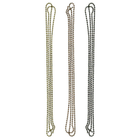 Ball Chain ... Tim Holtz Idea-Ology - 3 lengths of ball styled chain, each 36" long in 3 colours plus 18 connectors. A ball chain is made of tiny metal balls strung together into a length to use for jewellery, mixed media, display projects and other visual arts. Pack contains: three 36 inch (91.4cm) long ball chains (1 of each colour) and 18 connectors (6 of each colour). Colour finishes are: Antique Nickel, Antique Brass and Antique Copper. Made by Advantus Corp for Tim Holtz. TH92675