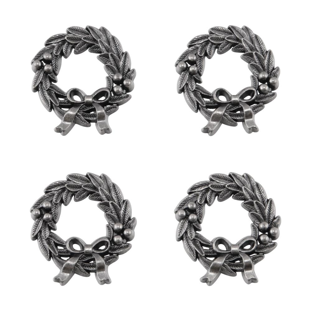 Christmas Wreath ... Idea-Ology Adornments by Tim Holtz - Exquisitely detailed metal charms for use in mixed media, visual arts, papercrafts. Pack of 4 (four) miniature realistic silver coloured metal wreaths with bows and berries.