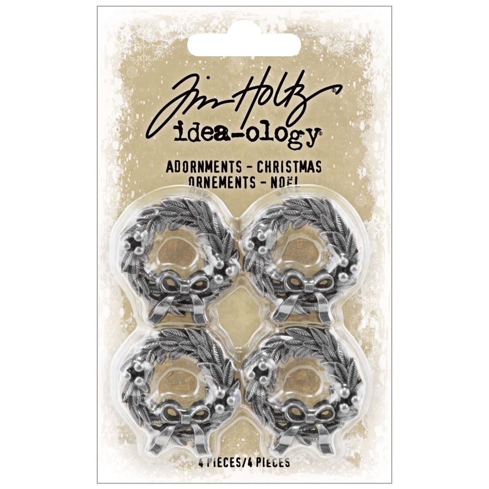 Christmas Wreath ... Idea-Ology Adornments by Tim Holtz - Exquisitely detailed metal charms for use in mixed media, visual arts, papercrafts. Pack of 4 (four) miniature realistic silver coloured metal wreaths with bows and berries.