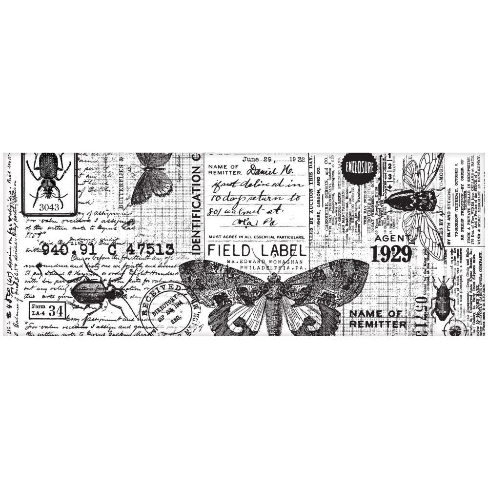 design overview of - Entomology - Idea-Ology Collage Tissue Paper by Tim Holtz ... for mixed media, cards, decoupage and other creative pursuits. 6 inch wide, 6 yard long roll with a repeating design of beautiful imagery from nature.
A continuous sheet of printed, translucent tissue designed by Tim Holtz. This wonderful paper features gorgeous black and white print featuring a collection of butterflies, moths, beetles, field labels, text and office stamped marks. TH94120