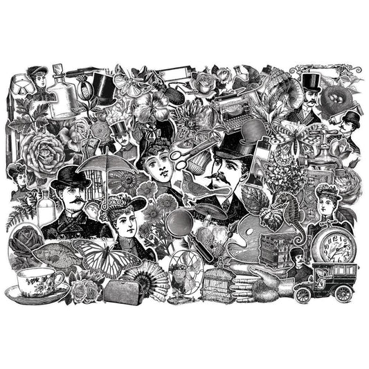 Engravings - Tim Holtz Idea-Ology Layers ... 76 black and white illustrations, die cut images on sturdy cardstock, for layering in visual arts, mixed media and papercraft. A wide variety of beautiful designs.  The perfect addition to scrapbook pages, tags, art journaling, greeting cards and other craft projects. Designs include beautiful vintage birds, typewriter, magnifying glass, garden tap, men and ladies wearing hats, flowers, leaves, cars, automobiles, people, clocks, teacups, butterflies and more.
