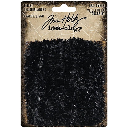 Mini Tinsel - Black ... by Tim Holtz Idea-Ology - trimmings for mixed media, assemblage projects, off-the-page marvels and party decor. 1 (one) length, about 10mm wide and 4 yards (3.66 metres) long.   Tim Holtz Black Mini Tinsel Trimmings is a long length of fluffy glossy black tinsel made of a soft plastic attached to a long length of fine wire