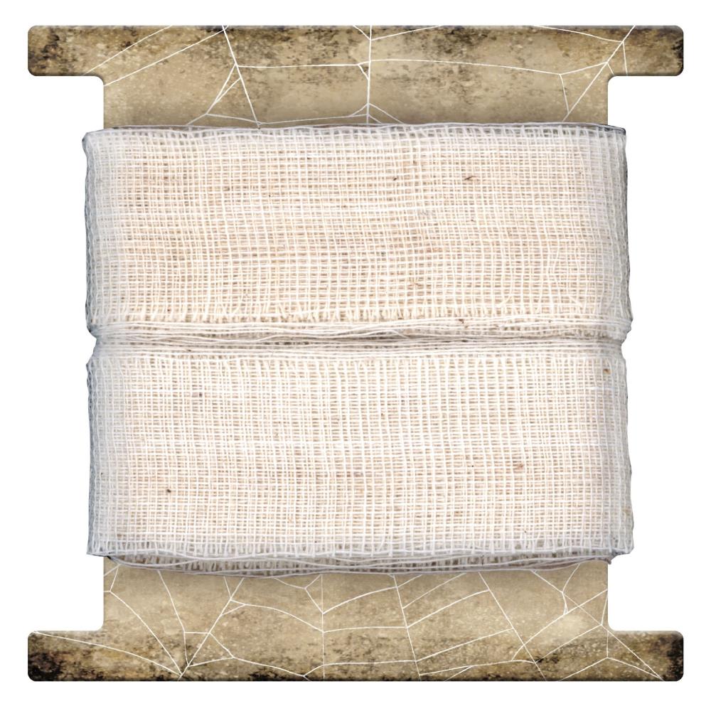 Mummy Cloth - 6 yards ... by Tim Holtz Idea-Ology - 1" wide natural fabric for mixed media, assemblage projects, off-the-page marvels and party decor. 1 long length, 6 yards (5.49 metres).  Tim Holtz Mummy Cloth or Mummy Wrap is a very long length of soft natural coloured cheesecloth material with a soft loose weave that is easy to tie, distress, pull apart and stain.  image on the card