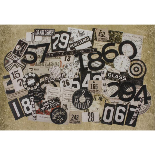 Tim Holtz Idea-Ology Urban Layers image showing an example of inside the pack including labels 'do not crush', giant numbers and tape measure.  Idea-Ology die cuts, a curated collection of salvaged elements used for layering in papercrafts and visual arts of all kinds. 65 pieces. This collection is a wonderful mix of vintage inspired die-cut pieces in neutral colour tones, with designs of banners (do not crush, glass), old tickets, labels, dials, ruler strip, bullseye, clockfaces and a whole lot more.