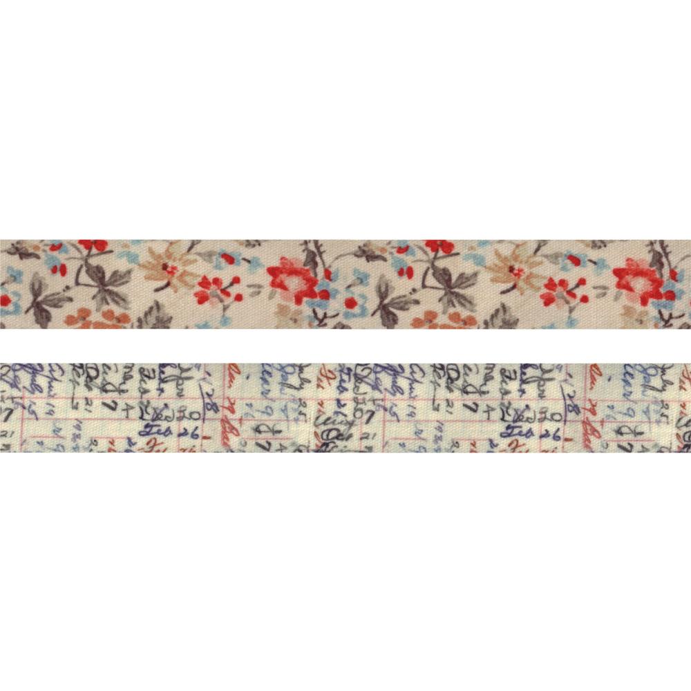 Linen Tape "Floral" - Idea-Ology by Tim Holtz ... 2 rolls of adhesive backed material displaying a vintage pattern. Each roll is 1" (25mm) wide and 3 yards (2.74m) long (TH94139). These two rolls of beautiful strong, versatile adhesive backed linen fabric are perfect for binding books, fixing in pages and as decoration. Photo of an example.