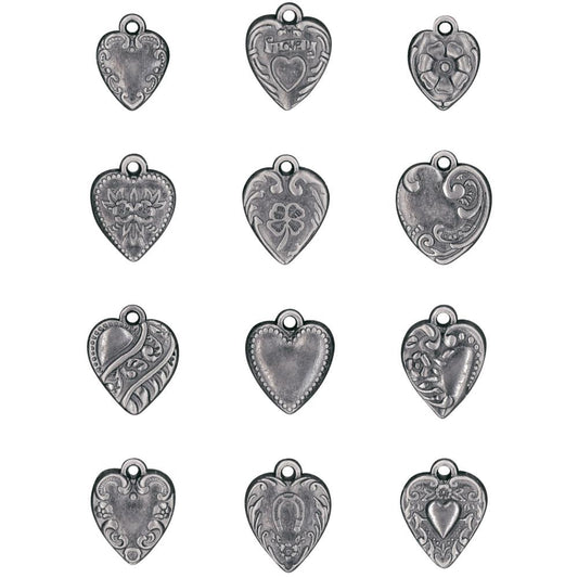Hearts ... Tim Holtz Idea-Ology (Ideaology) Adornments TH94130 - 12 (twelve) Metal Charms to decorate or use for creating mixed media, junk journaling or cardmaking (1 of each design). This pack of silver coloured metal embellishments of beautifully detailed heart shaped charms or pendants. Each heart is intricately designed, showing incredible details and markings. Hearts are (approx) 11mm to 13mm wide, 15mm to 18mm in size.