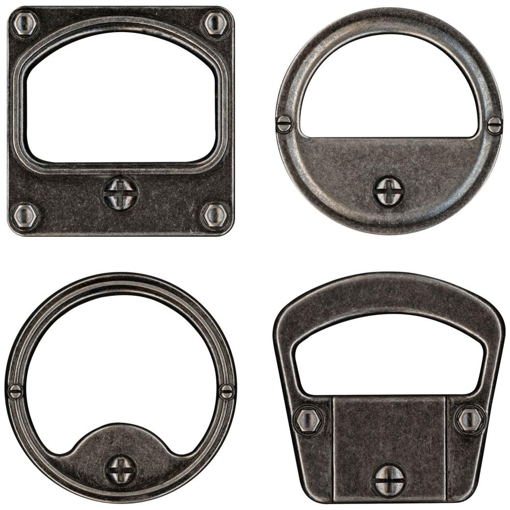 Gauge Frames - Tim Holtz Idea-Ology Embellishments for Arts and Crafts, Mixed Media, Junk Journaling - They are perfect to use on their own or why not match with the large variety of stamp designs and Idea-Ology die cut pieces by Tim Holtz (each sold separately). Sizes (approx) : each is 2" x 2" in size. Pack of 4 (four) metal embellishments, 1 of each design. Designed by Tim Holtz and Advantus Corp. TH94141. Photographic example.