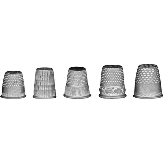Thimbles ... Idea-Ology by Tim Holtz - Metal thimbles to be used as adornments in mixed media, assemblage, arts and crafts. 5 (five) thimbles, one of each size and design.  TH93791. Overview of the patterns.