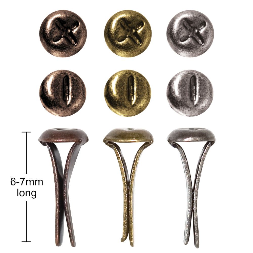 photograph showing dimensions or size of Mini Fasteners - Idea-Ology Screw Top Fasteners ... by Tim Holtz - Pack of 99 Small Brads or Split Pins.