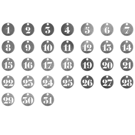 Number Tokens, Metal Adornments ... by Tim Holtz Idea-Ology - Perfect for mixed media, tags, assemblage projects, card making, journaling, scrapbooking, visual arts. 31 (thirty one) open cut charms (18mm wide), 1 (one) of each number. TH93244