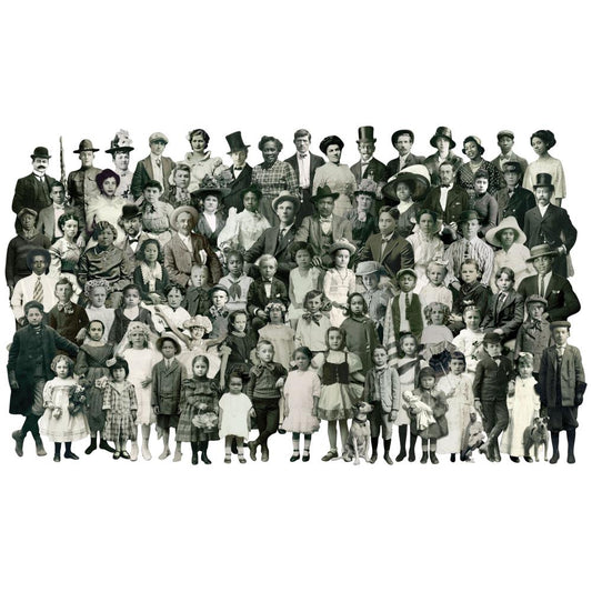 Tim Holtz IdeaOlogy (ideology, idea-ology) Paper Dolls Embellishments Solos - From the era of Oliver Twist are die cut shapes of every day boys and girls, men and women of all ages - sitting, standing, dancing, twirling (bathtub ballet girl is still with us) and leaning. Some with dogs, dolls, flags and teddies, wearing hats, bonnets and ties.