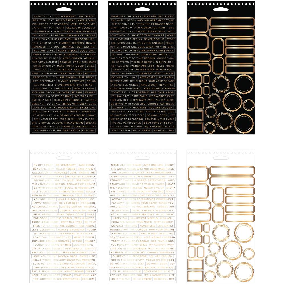 overview of Metallic Sticker Book - Tim Holtz Idea-Ology - This booklet of thoughtful, kind and positive messages, with labels and banners in a variety of shapes, sizes and styles. There are 6 sheets in total, with 3 sheets of golden type and borders on a black background, and 3 sheets of golden lettering and borders on a white background. Ideal for all themes and occasions. - TH941346 (six) sheets bound with wire spiral.