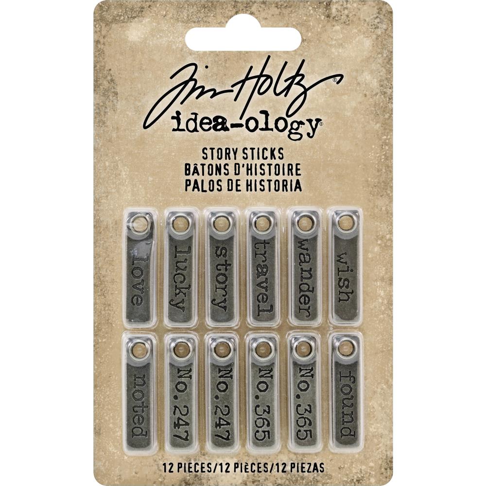 Story Sticks, Metal Adornments by Tim Holtz Idea-Ology displaying words and numbers on short rectangular pendants