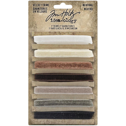 Velvet Trims - Neutral Colours (white, browns, grey, black) ... Tim Holtz Idea-Ology Trimmings. 7 (seven) colours, each approx 8mm wide, 1 yard (90cm) long.
Tim Holtz Velvet Trims are 90cm long lengths of soft and luxurious faux velvet trimmings in a beautiful range of colours the compliment the Tim Holtz Distress Ink Range. Each is approx 8mm wide and beautifully finished with thick plush velvet one side, smooth flat on the back with professionally finished edging.