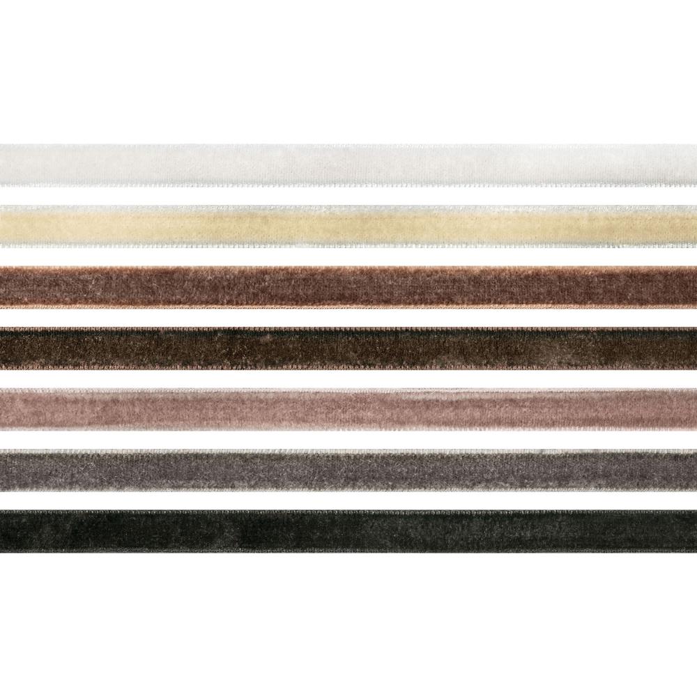Velvet Trims - Neutral Colours (white, browns, greys, black) ... Tim Holtz Idea-Ology Trimmings. 7 (seven) colours, each approx 8mm wide, 1 yard (90cm) long. Tim Holtz Velvet Trims are 90cm long lengths of soft and luxurious faux velvet trimmings in a beautiful range of colours the compliment the Tim Holtz Distress Ink Range. Each is approx 8mm wide and beautifully finished with thick plush velvet one side, smooth flat on the back with professionally finished edging.