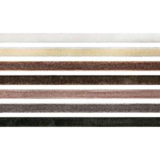 Velvet Trims - Neutral Colours (white, browns, greys, black) ... Tim Holtz Idea-Ology Trimmings. 7 (seven) colours, each approx 8mm wide, 1 yard (90cm) long.  Tim Holtz Velvet Trims are 90cm long lengths of soft and luxurious faux velvet trimmings in a beautiful range of colours the compliment the Tim Holtz Distress Ink Range. Each is approx 8mm wide and beautifully finished with thick plush velvet one side, smooth flat on the back with professionally finished edging.
