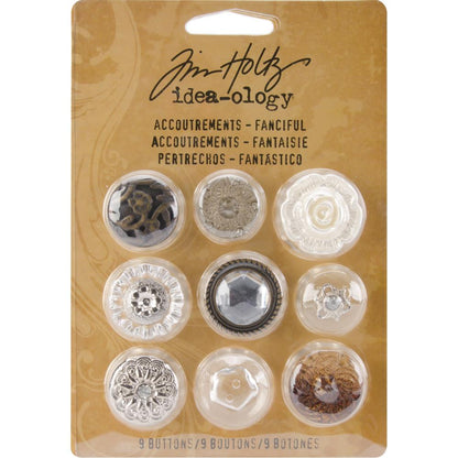 Fanciful Accoutrements - Vintage Style Buttons, Adornments ... by Tim Holtz Idea-Ology - a collection of beautiful buttons for wearing and for mixed media, assemblage projects, cardmaking, journaling, scrapbooking, visual arts. 9 (nine) buttons, 1 (one) of each design between 3/4" and 1" wide. 