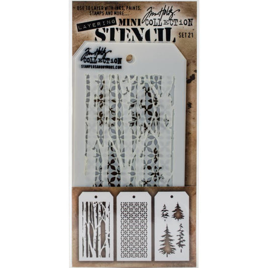 Mini Layering Stencils, set 21 - by Tim Holtz and Stampers Anonymous (thms021). 3 (three) stencils named Birch - Nordic - Woodland, one of each design, 8cm x 16cm with a design area of 6cm x 12.5cm. Birch features a forest of tree trunks; Nordic is a stunning geometric pattern; Woodland features pine tree silhouettes that can be used as 2 pairs (stacked to give dimension) or 4 trees.