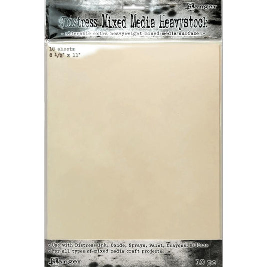 Tim Holtz Distress Mixed Media Heavystock paper is an alterable extra heavyweight mixed media surface for papercrafts, visual arts, stamping, collage, junk journals, bookmaking, crafting. Use with inks, oxide sprays, paints, crayons, pastels, embossing glaze, pencils, pens, stamps, stencils, art tools.