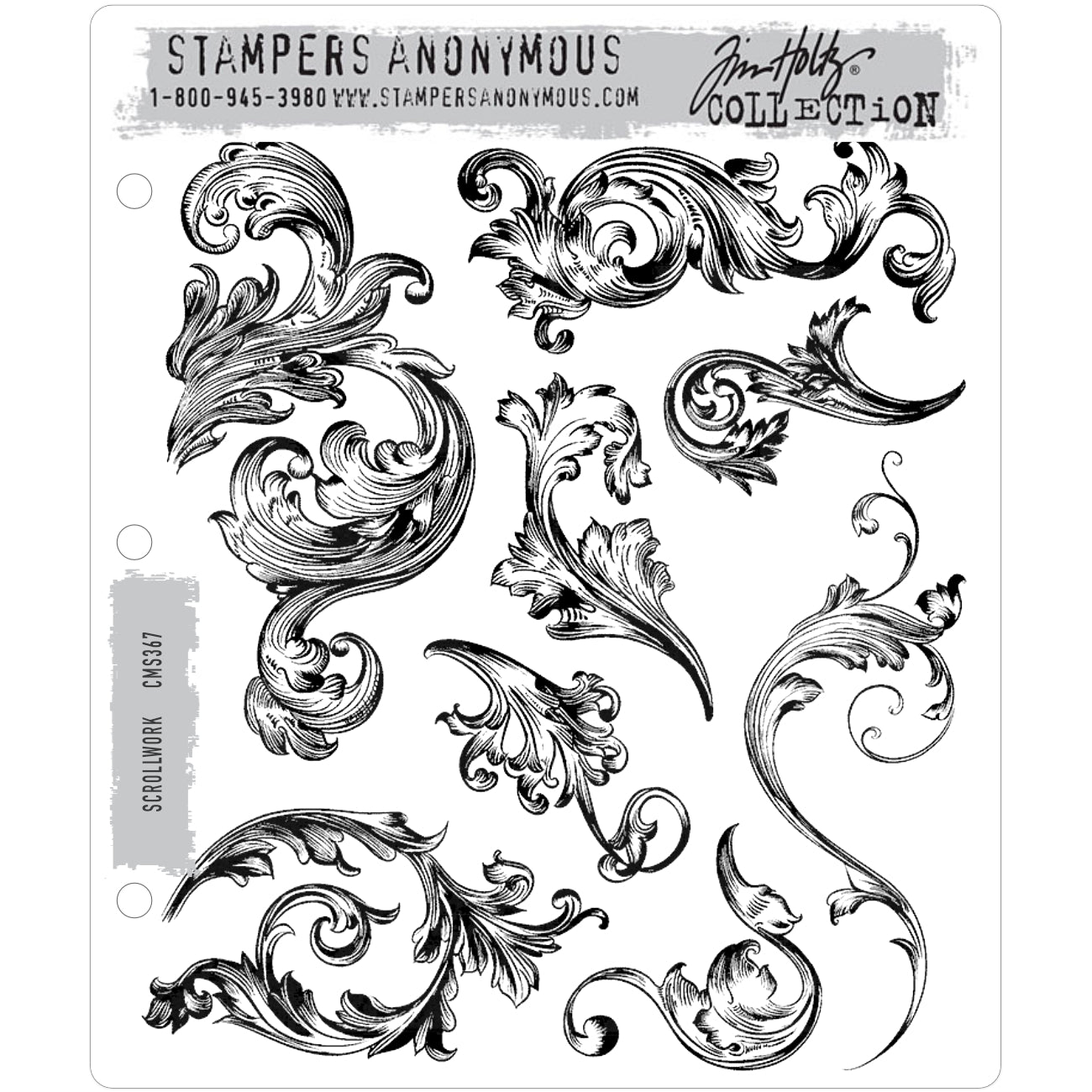 Scrollwork ... stamps by Tim Holtz and Stampers Anonymous (CMS367). 8 (eight) designs featuring intricate and ornate carved flourish and leafy scrolls.   With carved details and shading, these scrollwork designs add beautiful dimensional flourishes and leafy tendrils everywhere they're stamped.  Perfect for cards, tags, journaling, scrapbooking, memory keeping, planners, off the page crafts, stamping and other papercraft projects.