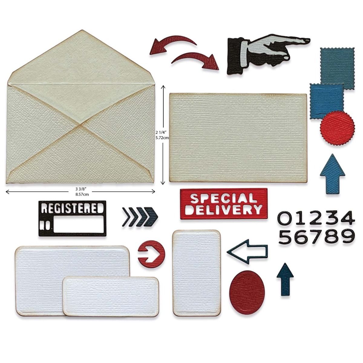 Postale - Sizzix Thinlits die cutting templates by Tim Holtz. 49 (forty nine) assorted labels, tags, tickets, numerals and an envelope (no.665927).