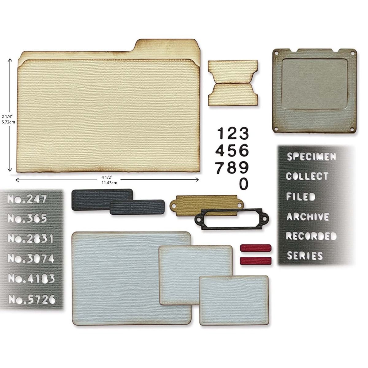 Specimen - Sizzix Thinlits die cutting templates by Tim Holtz. 54 (fifty four) assorted labels, tags, tickets, numerals, slide frame and a file folder (no.665930).