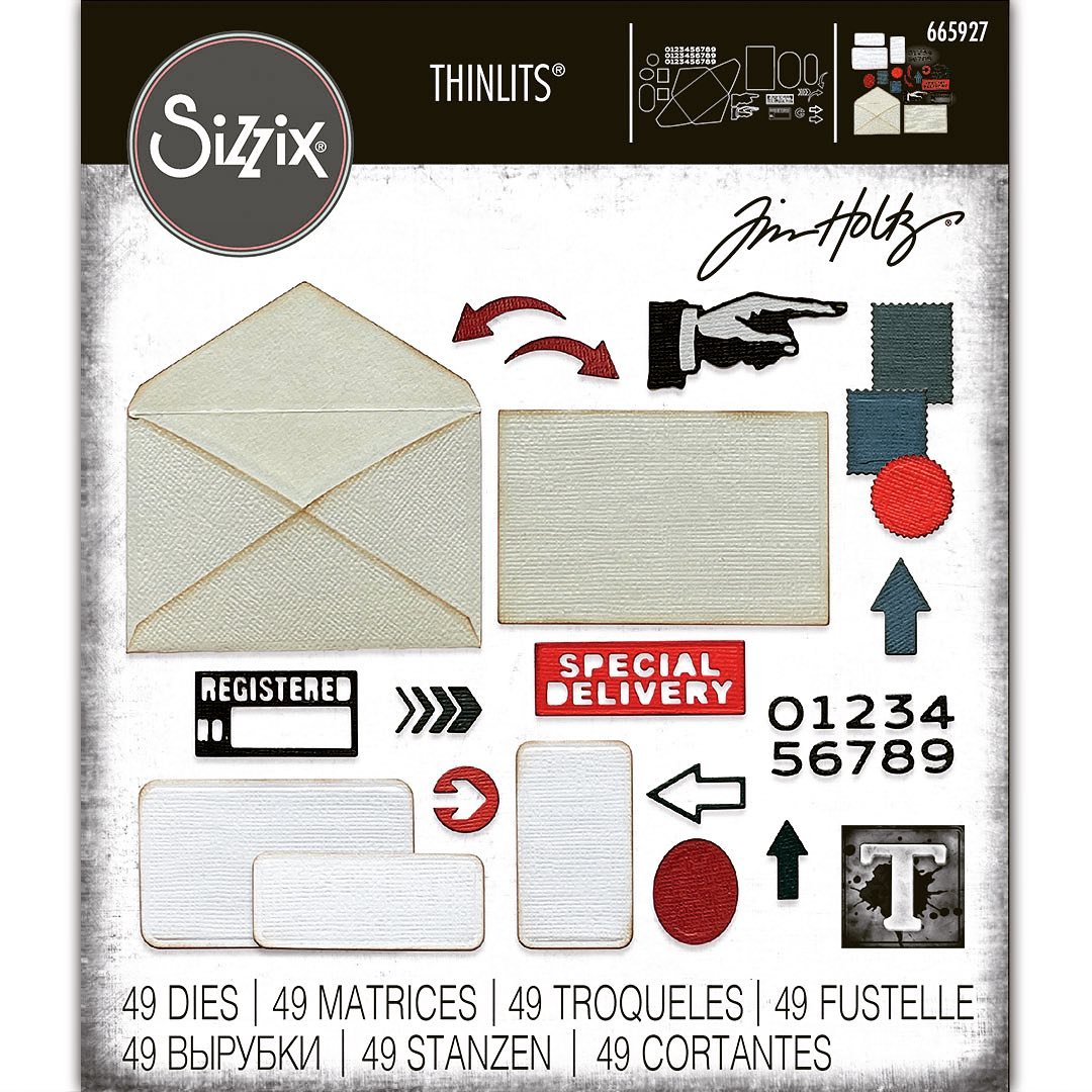 Postale - Sizzix Thinlits die cutting templates by Tim Holtz. 49 (forty nine) assorted labels, tags, tickets, numerals and an envelope (no.665927).