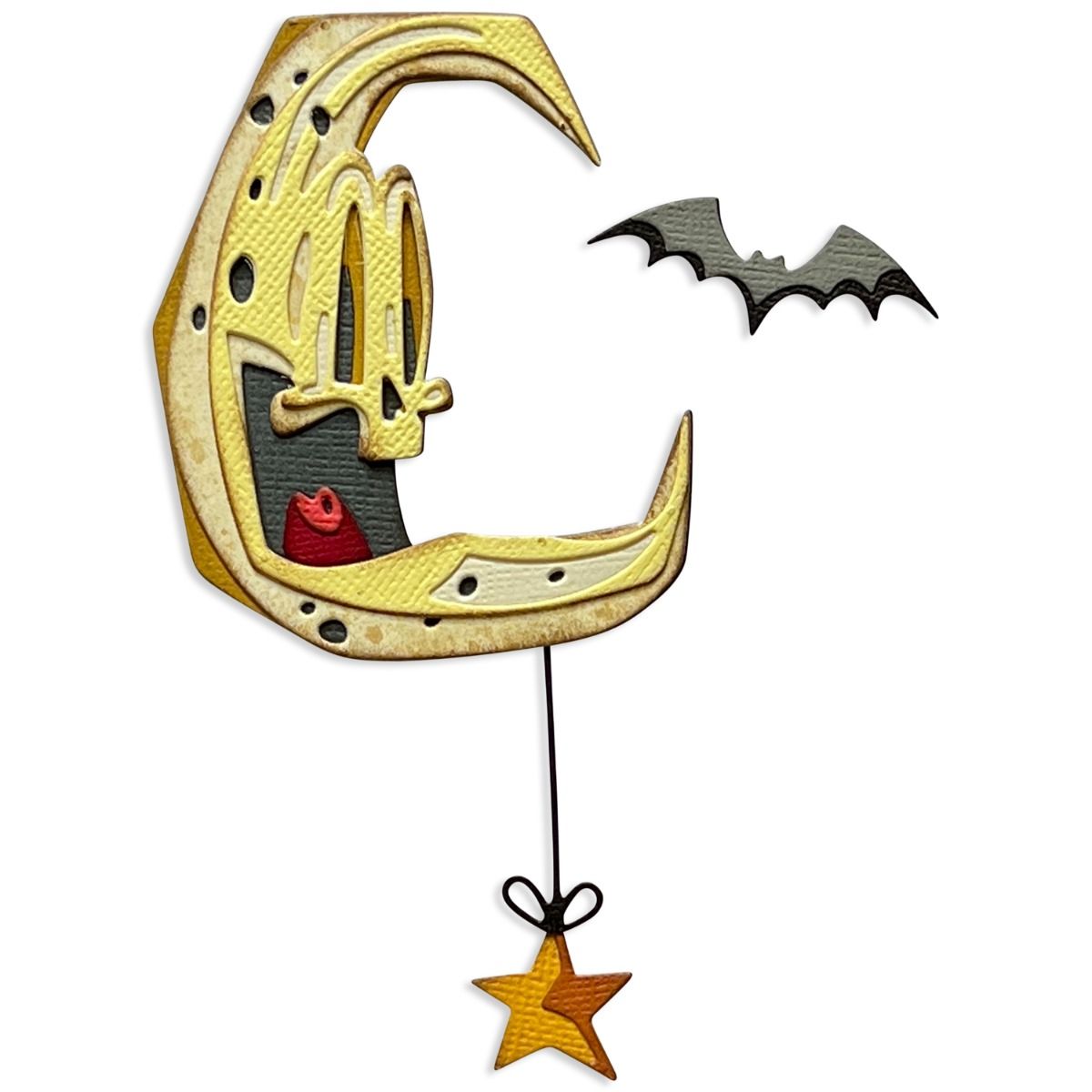 Otis the Moon ... Thinlits - Colorize Die Cutting Templates by Tim Holtz and Sizzix (no. 665998). A happy crescent moon with a flying bat and hanging star.