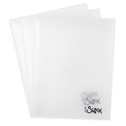 Storage Envelopes, Portrait - Fits Embossing Folders ... by Tim Holtz and Sizzix. Plastic clear pockets with flap enclosure. Pack of 3 (three) empty envelopes (Sizzix no.66550). Each is 5 1/4" x 6 3/4" high.  Tim Holtz's Sizzix semi-translucent plastic envelopes are ideal for storing die cutting templates and embossing folders, to feel organised in a stylish and practical way. Photo of 3 pockets.