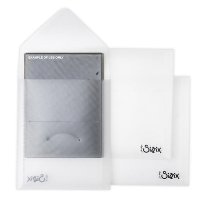 Storage Envelopes, Portrait - Fits Embossing Folders ... by Tim Holtz and Sizzix. Plastic clear pockets with flap enclosure. Pack of 3 (three) empty envelopes (Sizzix no.66550). Each is 5 1/4" x 6 3/4" high.  Tim Holtz's Sizzix semi-translucent plastic envelopes are ideal for storing die cutting templates and embossing folders, to feel organised in a stylish and practical way.  Photo showing example of use