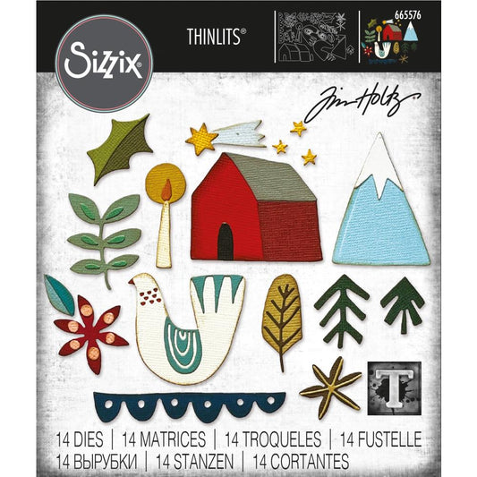 Funky Nordic  ... Thinlits Die Cutting Templates by Tim Holtz, made by Sizzix (no.665576). A wonderful collection of elements drawn in a modern Scandinavian style, perfectly suited to Christmas and wishing upon a star (it has a flying star) with a candle, foliage, mountain, order and beautiful dove. 
Add to greeting cards, tags, off the page creations, add layers to cards, scrapbook pages, journaling - use wherever and however you wish :) Have fun!