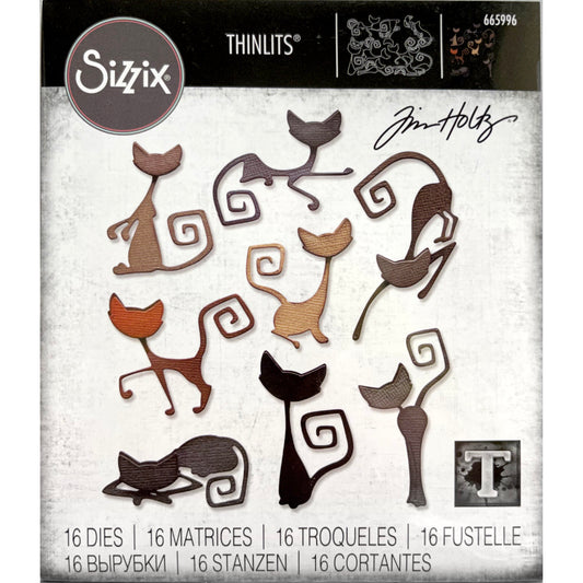 Mischievous Cats ... Thinlits Die Cutting Templates by Tim Holtz and Sizzix (no. 665996). 8 (eight) purrfectly fabulous felines with spare head cut outs to create dimension. Have fun being arty and crafty as you make these wonderful cats with long legs and spiralled tails (each in a different pose) into shrink charms, labels, decorations, tags for presents, hand-outs for Halloween visitors and Trick or Treaters, add to tags, journals, greeting cards, display makes, scrapbook pages and more.