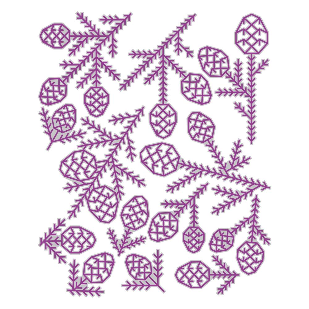 overview of Pine Pattern - Sizzix Thinlits die cutting templates by Tim Holtz. A wonderful selection of modern pine tree foliage and pinecones, 13 pieces (no.666070).