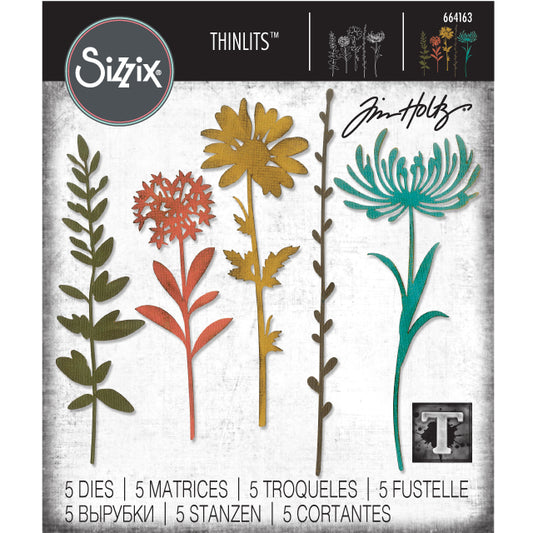 Wildflower Stems (no.1) ... Thinlits Die Cutting Templates by Tim Holtz and Sizzix (no.664163).  This set of Thinlits templates features 5 beautiful tall flowers, leaves and foliage up to 5 7/8" tall. Cut out multiples of each one to create 3D style flowers (so the petals are layered and dimensional).  This set contains 5 templates. Sizes : 1 1/4" x 4 1/8" tall to 1/2" x 5 7/8" tall.  Imagine adding many layers into your project that give the appearance that you've spent hours fussy cutting with scissors.