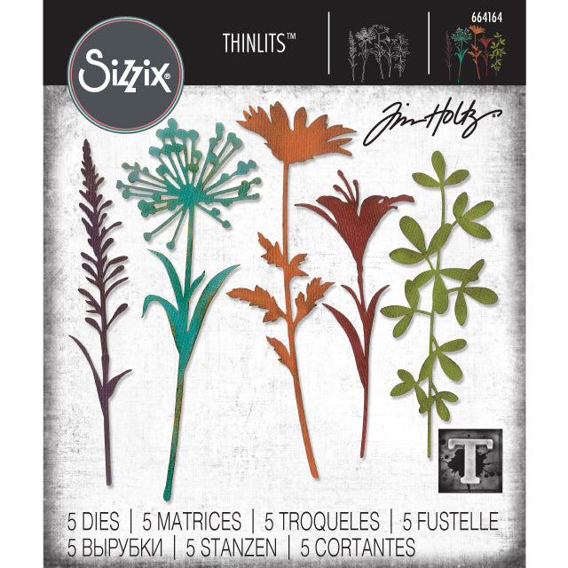 Wildflower Stems (no.2) ... Thinlits Die Cutting Templates by Tim Holtz and Sizzix (no.664164). 5 (five) tall sprigs of flowers and leafy designs. This set of Thinlits templates features 5 beautiful large flowers and leaves up to 5 1/2" tall. Cut out multiples of each one to create 3D style flowers with petals and leaves that are layered and dimensional. This set contains 5 templates. Sizes : 1 3/4" x 4 1/8" tall to 2" x 5 1/2" tall.