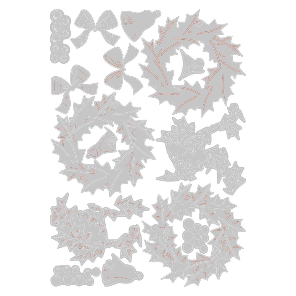 Yuletide  ... Thinlits - Colorize Die Cutting Templates by Tim Holtz and Sizzix (no. 666063). A wonderful wreath of holly leaves with berries, a bow and a bell.