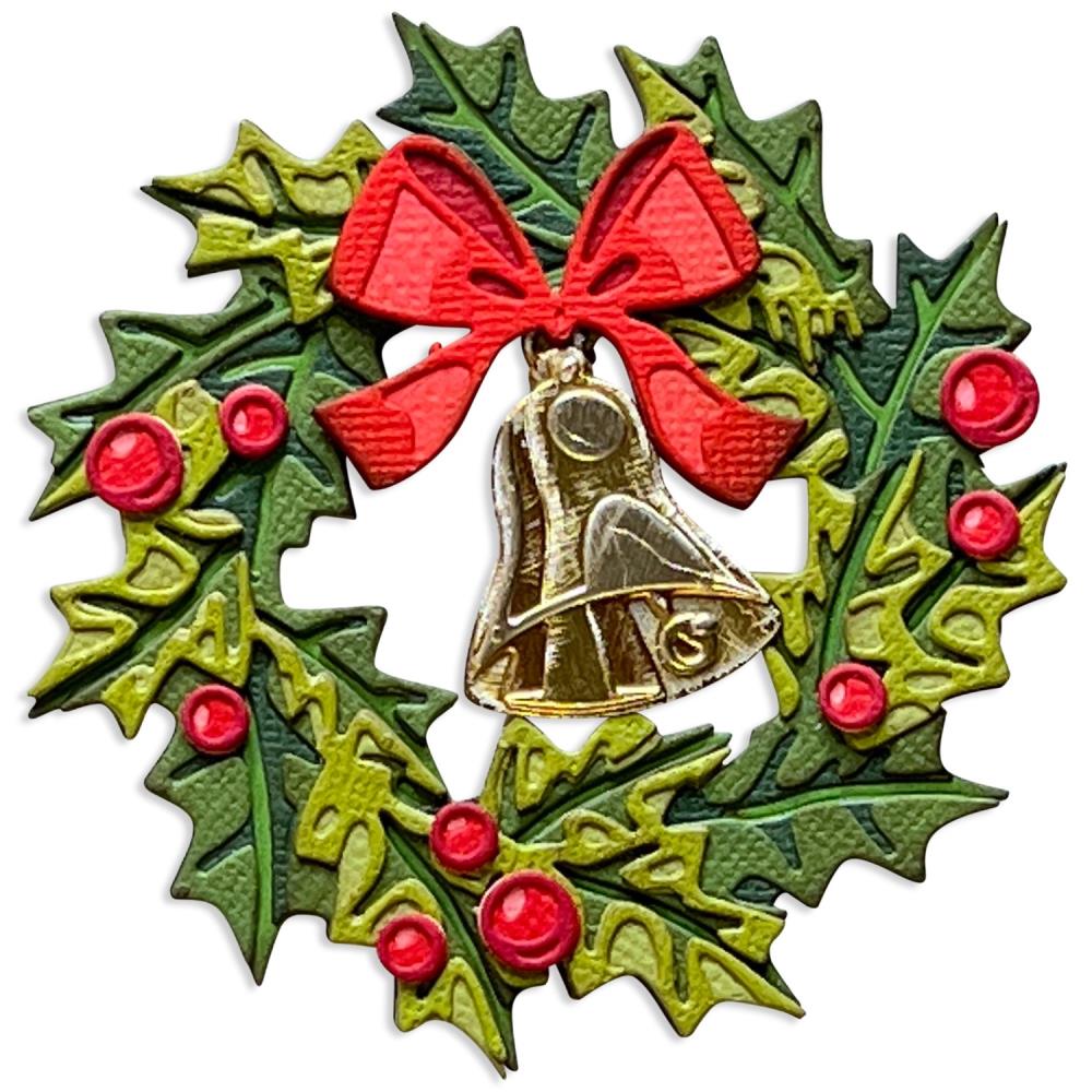 Yuletide  ... Thinlits - Colorize Die Cutting Templates by Tim Holtz and Sizzix (no. 666063). A wonderful wreath of holly leaves with berries, a bow and a bell.