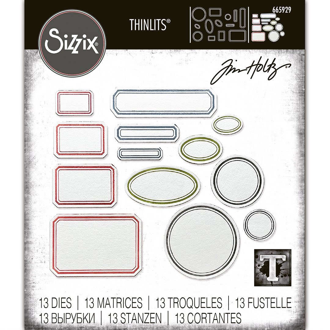 Vintage Labels - Sizzix Thinlits die cutting templates by Tim Holtz. 13 (thirteen) assorted labels with embossed borders (no.665929). 
Add colour, emboss and cut out your labels in two steps - ink your die cutting template with a brayer (to ensure a clean inking) then after careful placement, cut out your shape and emboss the border at the same time. Ovals, oblongs, circles and banners to suit a wide variety of Tim Holtz stamps (sold separately).