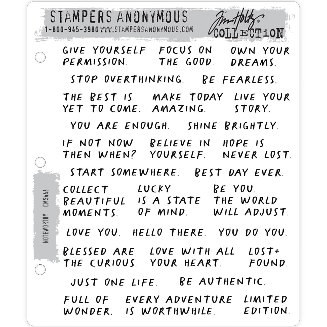 Noteworthy ... rubber stamp set by Tim Holtz and Stampers Anonymous - 29 (twenty nine) designs (CMS446). Make today amazing with this wonderful collection of thoughtful positive phrases. Sayings include ... Give yourself permission - Focus on the Good - Live your story - Shine Brightly - Be authentic - Limited Edition - Be you, the world will adjust ... and so much more in a handwritten, relaxed style, uppercase typeface, ideal for every day.
