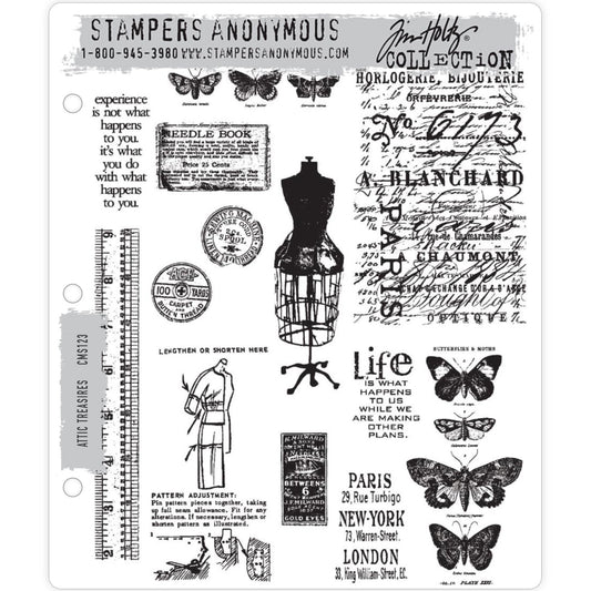 Attic Treasures ... 13 (thirteen) rubber stamps by Tim Holtz and Stampers Anonymous (CMS123). Butterflies, backgrounds, haberdashery mannequin and much more! A beautiful collection perfect for embroiderers and dressmakers - and all the rest of us! It has butterflies, labels from the ends of spools of thread, a vintage mannequin with skirt frame, tape measure, quotes and examples of pattern pieces. Sizes (approx) : Ruler strip is 5/8" x 4 5/8", Butterflies and Moths (four vertical) 1 5/8" x 3 3/8".