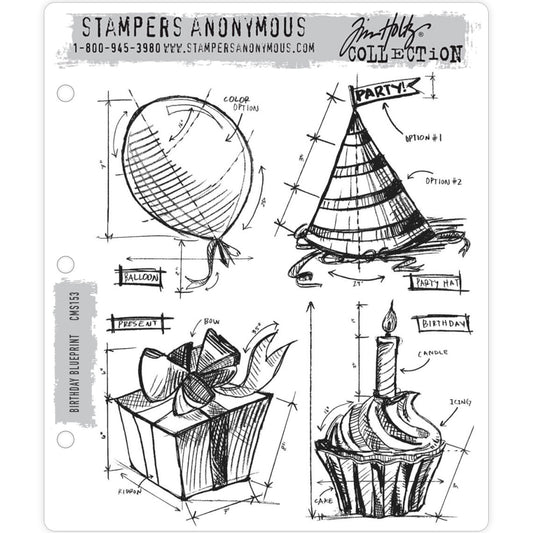 Birthday Blueprint rubber stamps by Tim Holtz and Stampers Anonymous (CMS153). 4 (four) designs - balloon, party hat, wrapped gift, cupcake with candle - designs feature arrows, lines and notation, markings often found on vintage architectural plans. This set include a floating round balloon, a cone shaped party hat with striped pattern, giftbox wrapped beautifully with a big bow, a cupcake with swirled frosting, patty pan case and lit candle on top.