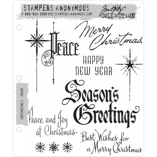 Christmastime 2 (set no.2) ... by Tim Holtz and Stampers Anonymous (cms389). 8 (eight) Christmas inspired red rubber stamps for celebrating and creating cards, tags, mixed media, journaling, visual arts and papercrafts.  This set is beautiful... the word Peace is in the style of illuminated lettering (calligraphy with swishes, swirls and large star), Season's Greeting is in an olde worlde handlettered script, Happy New Year is uppercase more modern font.