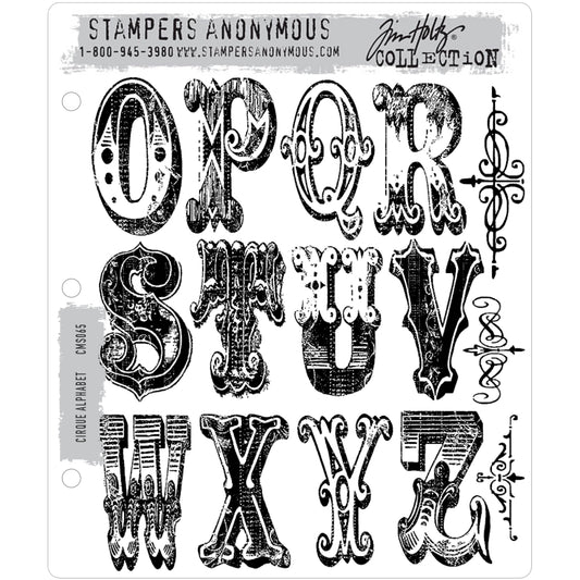 Cirque Alphabet ... 29 (twenty nine) rubber stamps by Tim Holtz (CMS079). Letters are approx 2 1/4" high. Set includes 3 (three) decorative scrolls.  This wonderful set of stamps includes all 26 letters of the alphabet and 3 intricate scroll dividers. The illuminated uppercase letters are designed using a style of lettering often used for circuses and carnivals many years ago. image showing -  opqrstuvwxyz and 3 scrolls