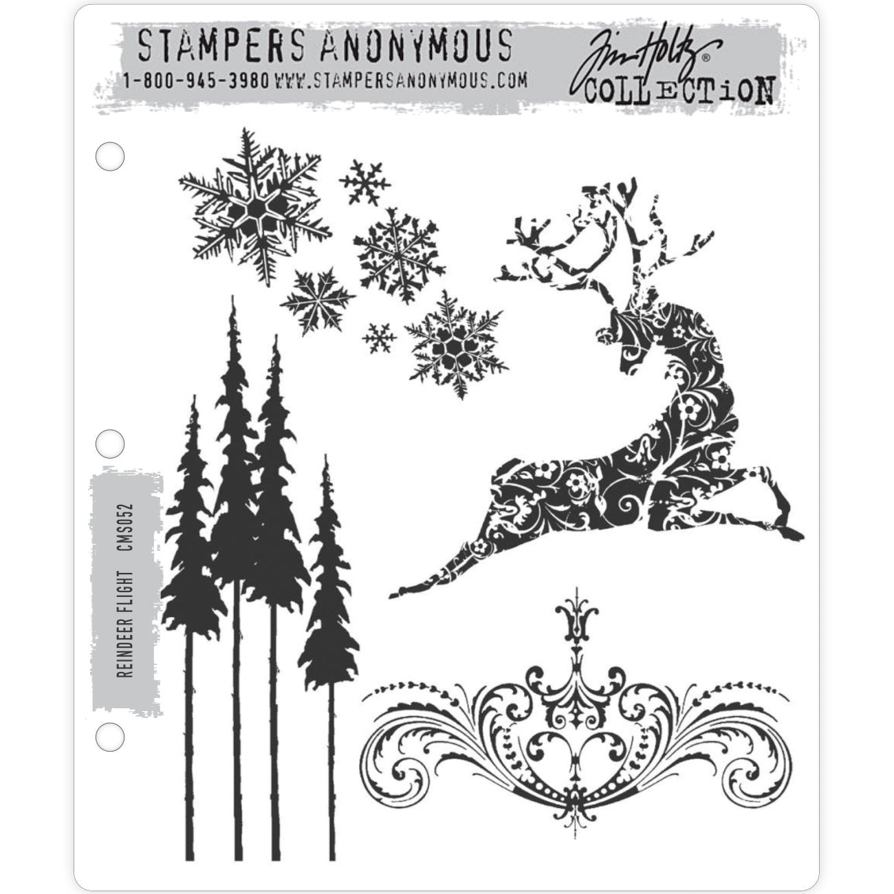 Reindeer Flight ... Tim Holtz and Stampers Anonymous. 4 (four) red rubber, cling foam mounted art stamps (CMS052).   Christmas art journaling, mixed media and greeting cards always look amazing with snowflakes, tall pine trees, a flourish and a beautiful reindeer.
