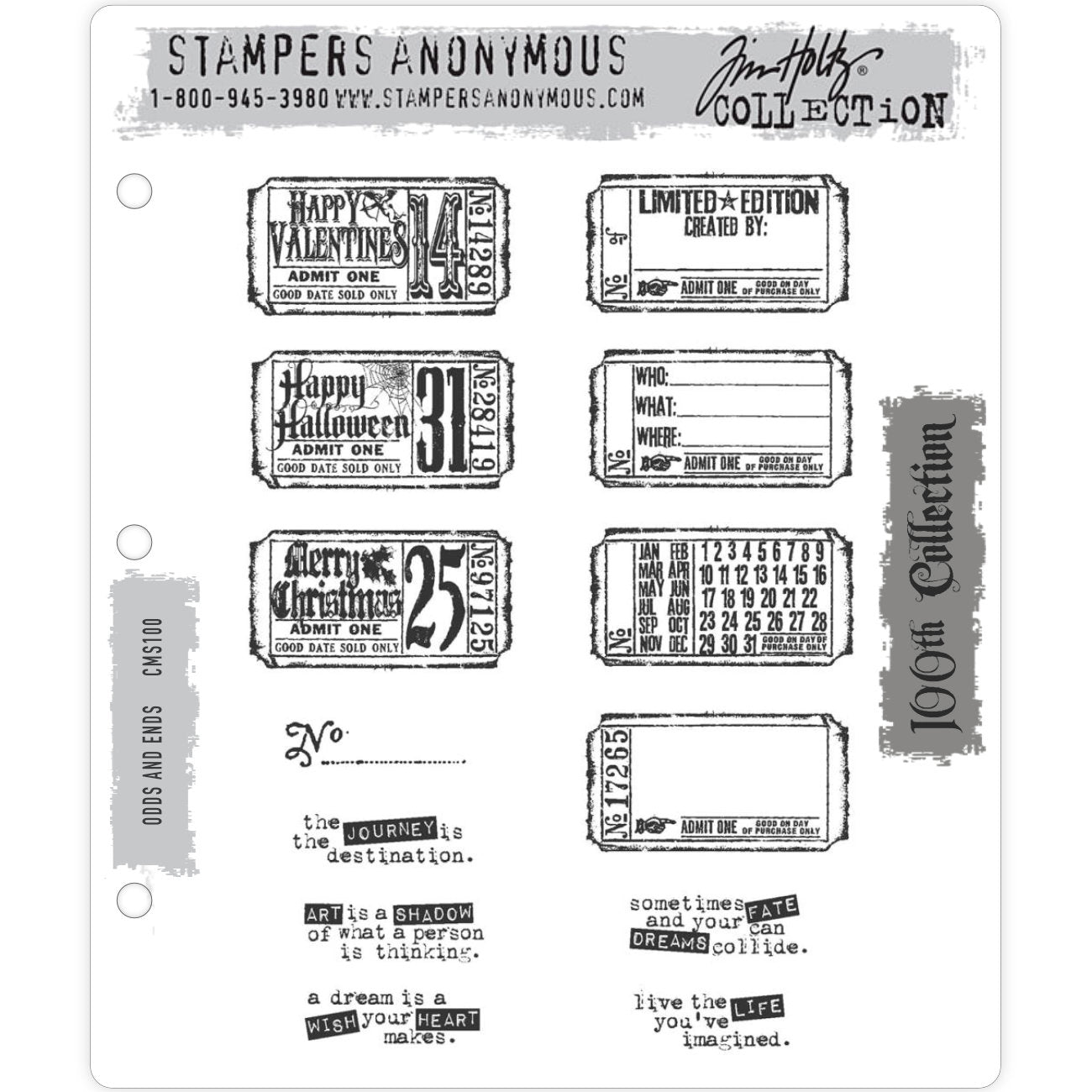 Odds and Ends ... stamp set by Tim Holtz and Stampers Anonymous - 13 (thirteen) cling mounted red rubber stamps (CMS100).   A wonderful collection of vintage tickets, with quotes