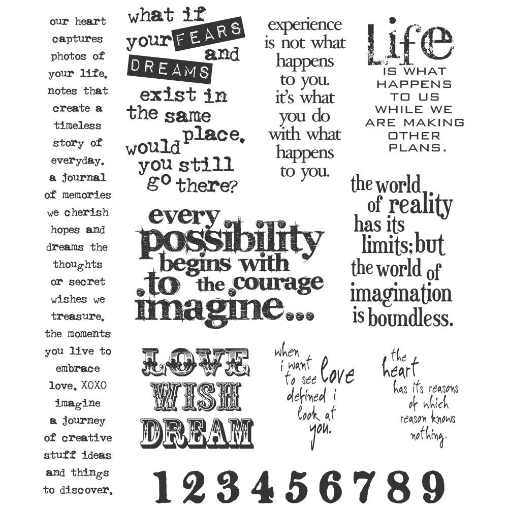 Tim Holtz Cling Stamps - Stuff to Say - dream big and make life happen and other amazing quotes, messages and thoughts plus a line of numerals, 1 to 9. cms110. made by Stampers Anonymous out of deeply etched red rubber and mounted with cling foam.